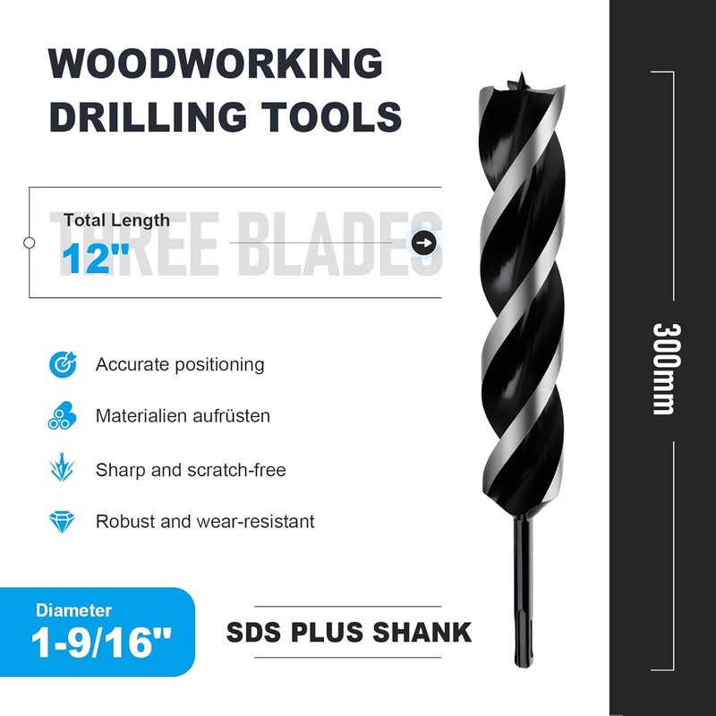 WOBLLMX 1-9/16" x 12" Auger Drill Bit with SDS Plus Shank for Wood,Tri Flute Ship Auger Long Drill Bit for Soft and Hard Wood,Tree Stump,Plastic,Drywall and Composite Materials - Image 2
